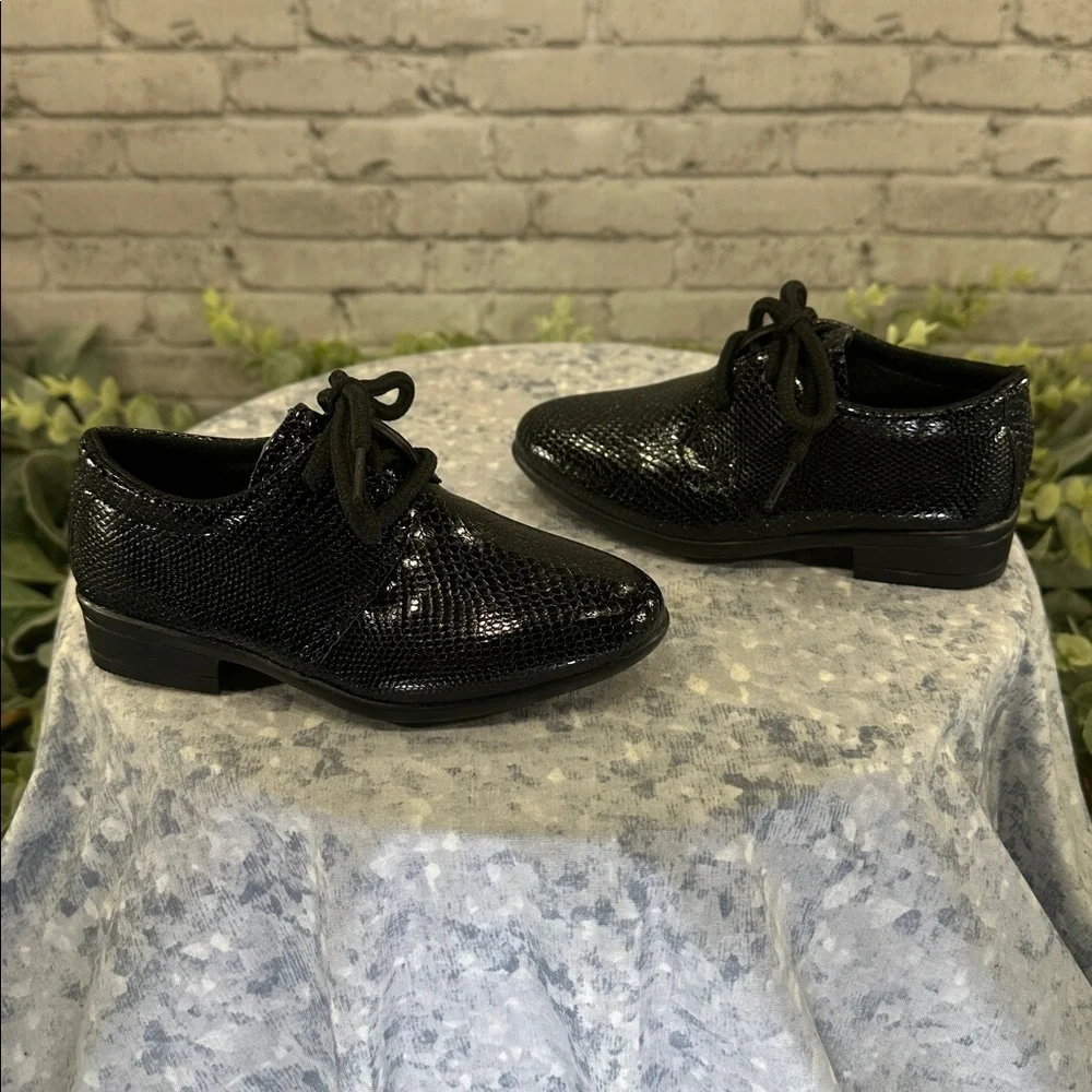Glossy Black Reptile-Textured Almond Toe Dress Oxfords Toddler Boys 5.5🖤NWOT